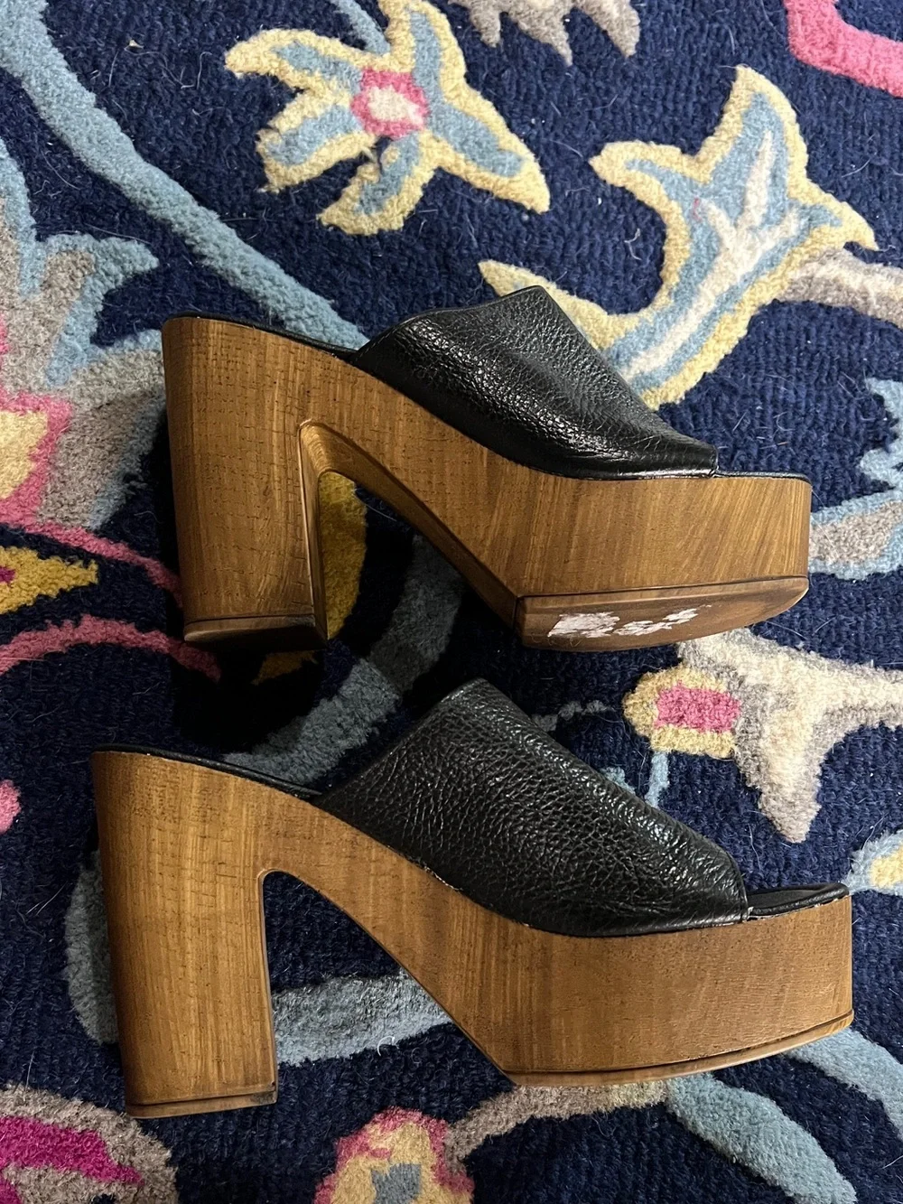Black Pebbled Leather Platform Mules with Wood-Effect Heel